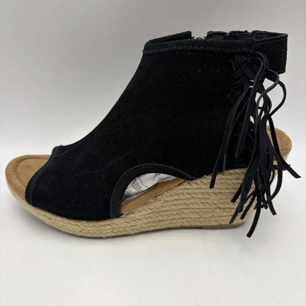 Wedge Espadrille Sandals Women 8 Blaire Black Suede Leather Fringe Festival Boho